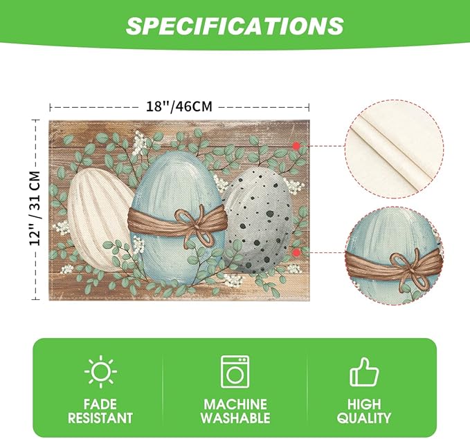 Artoid Mode Wood Eucalyptus Eggs Easter Placemats Set of 4, 12x18 Inch Spring Seasonal Table Mats for Party Kitchen Dining Decoration