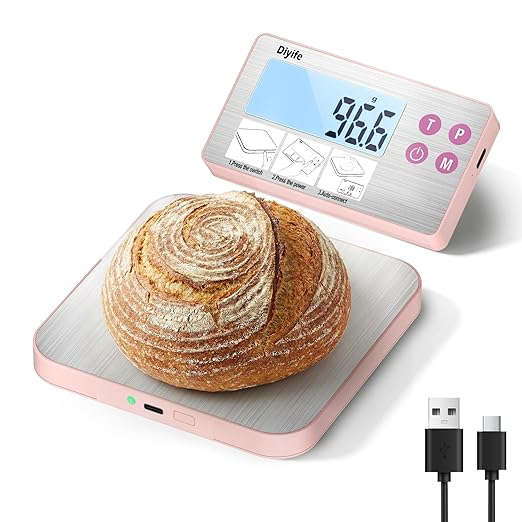33lb Rechargeable Kitchen Scale, Diyife 304 Stainless Steel Food Scale with Detachable Display, 1g/0.1oz Precise Graduation, Magnetic, Backlit LCD, Tilt Stand, for Baking, Cooking, Meal Prep (Pink)