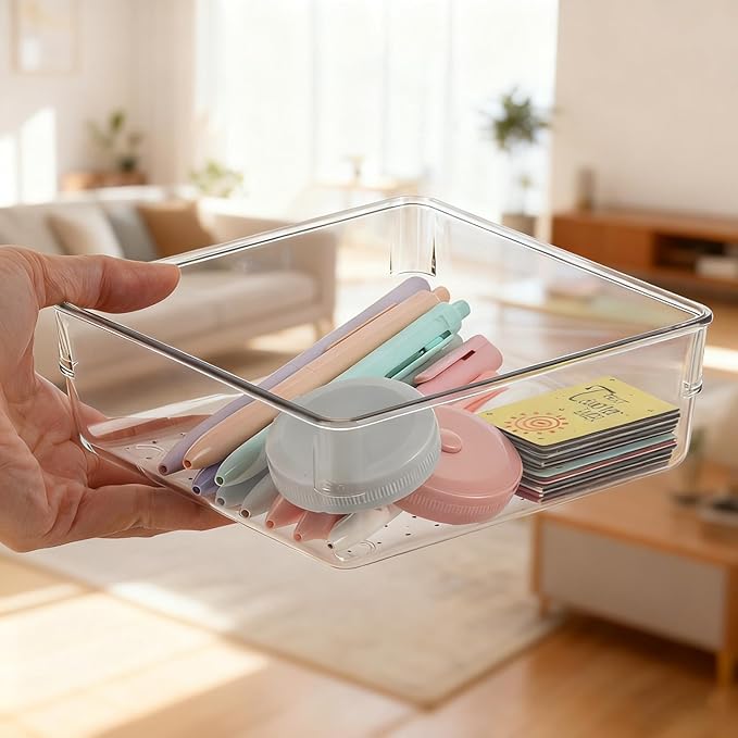 Ohlove 6 Pcs Large Clear Plastic Drawer Organizers Tray 6" x 6" Storage Bins with 25 Pcs Non-Slip Pads for Makeup, Jewelries, Kitchen Utensils, Bathroom and Office