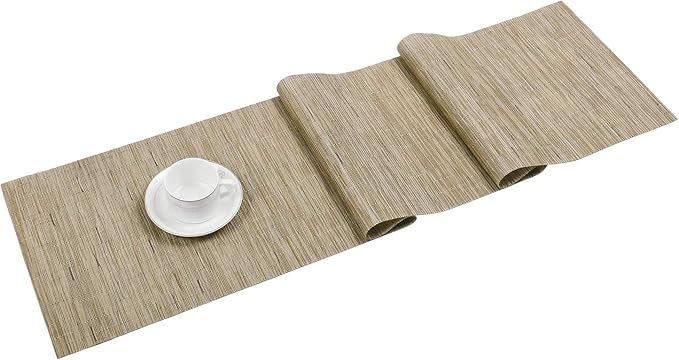 SHACOS 12x54 inch Woven Vinyl Table Runner Wipe Clean Reversible Weave Table Centerpiece Runners for Kitchen Dining Washable PVC Coffee Table Runner Indoor Outdoor, Bamboo Tan