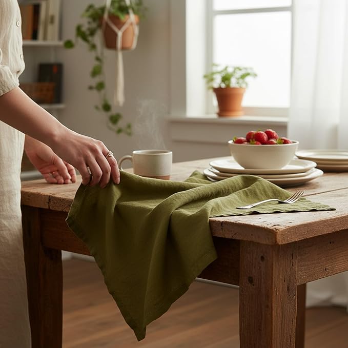 Linen Kitchen Dish Towels – 20” x 27” – 100% Pure Stonewashed Linen Hemstitch Hand Towel/Tea Towel - Set of 2 (Olive Green)