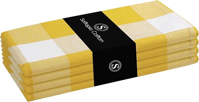 Lemon Yellow Buffalo Plaid Cloth Napkins (Set of 4), 16"x16", Checkered Fabric - Soft, Durable, Reusable Cotton Napkins for Weddings, Dinner Parties, Restaurants, Spring Easter Decor
