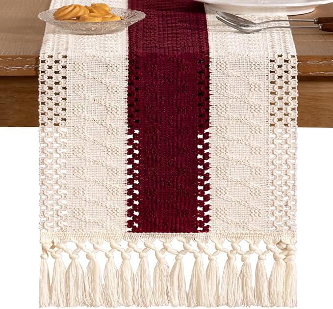 Socomi Boho Table Runner Easter Spring Farmhouse Rustic Dining Kitchen Centerpiece Decor Small Macrame Woven Cotton Linen Coffee Table Runner for Dresser Scarf Home Decor 12x48 in Burgundy Ivory