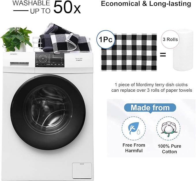Mordimy 100% Cotton Waffle Weave Kitchen Towels, 20 x 28 Inches, Super Soft and Absorbent Buffalo Check Large Dish Towels for Drying Dishes, 4-Pack, Black & White