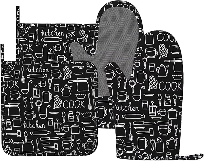 Kitchen Everyday Oven Mitts and Pot Holders 4 pcs Set Silicone Black Kitchen Oven Mitt Gloves Pot Holders Non-Slip Heat Resistant Cooking Mitts Set for Kitchen Baking Grilling BBQ