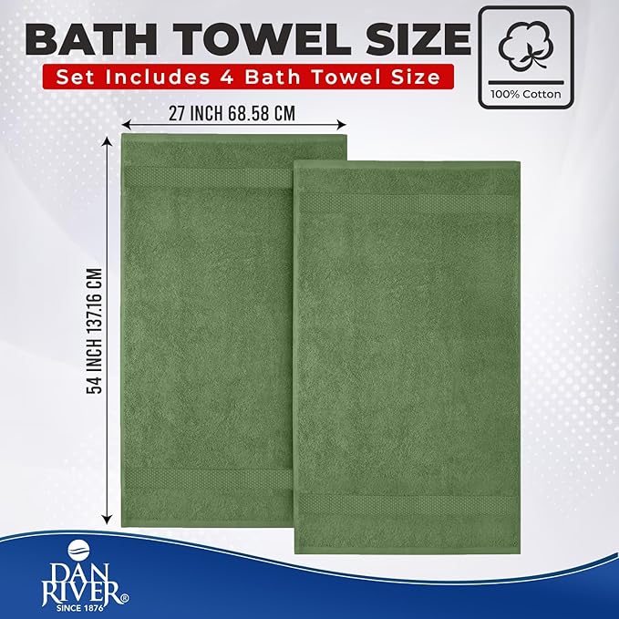 DAN RIVER Bath Towels Set of 4, 27 x 54 Inches, 100% Cotton, Larger & Lighter Weight, Quicker to Dry, Super Soft and Absorbent, Ideal Large Bath Towel for Daily Use, Sage Green