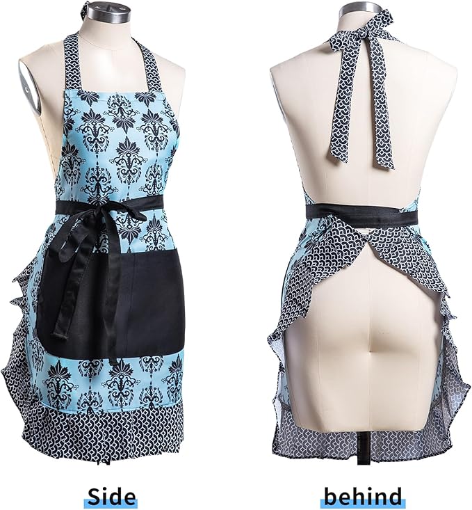 Lovely Flower Pattern Retro Aprons With Large Pockets for Women Girls Cooking Kitchen Bakery Mother's Gift