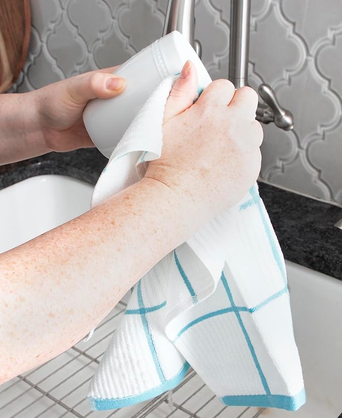 T-Fal Solid & Checked Parquet Kitchen Towels: Highly Absorbent, Super Soft Long Lasting - 100% Cotton, 16"x26" Dish Towels for Cleaning & Drying Dishes, Pans, Glassware, Countertops, 6-Pack, Breeze