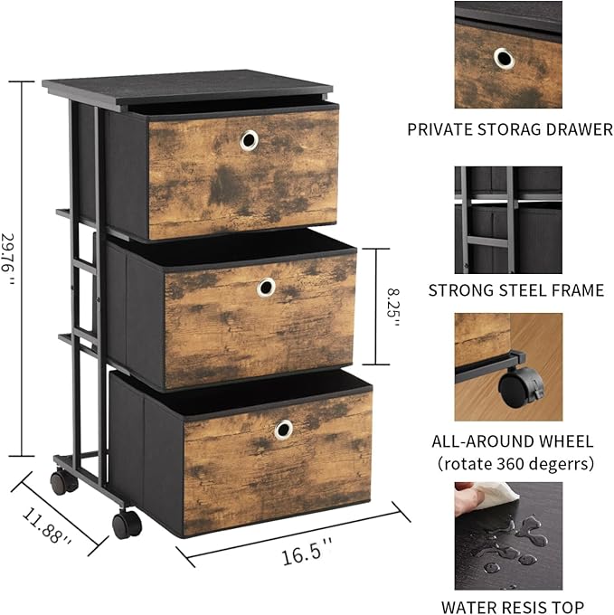 MAX Houser Dresser Storage with 3 Drawers, Fabric Tower Nightstand, Chest of Drawers,Vertical Storage Unit Organizer for Closets,Bedroom,Dorm, Wood Top, Rustic Brown Wood Grain Print