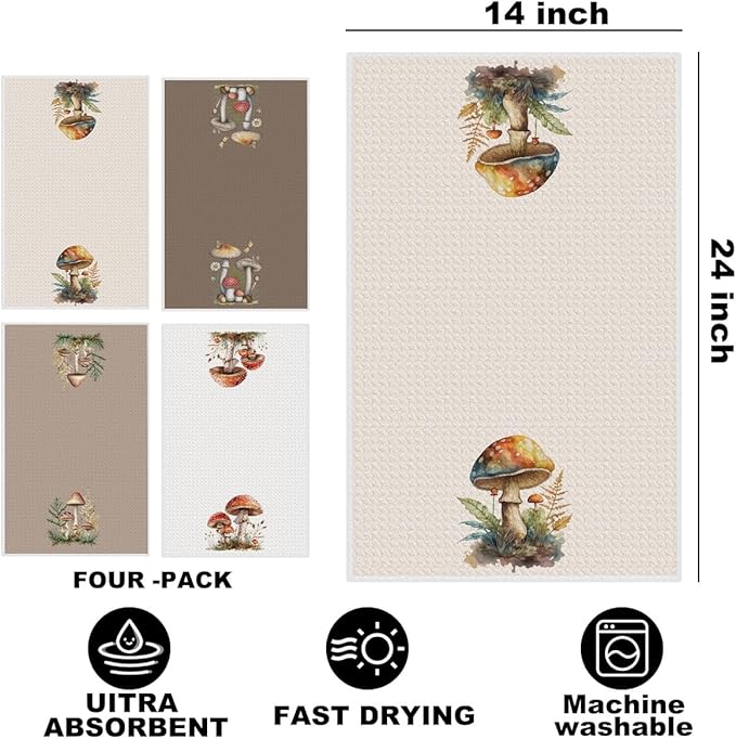 Hanamiya Na 4 Pcs Mushroom Decorative Hand Towels for Bathroom 24x14 Inch,Farmhouse Reusable Dish Towels for Kitchen Decor, Waffle Weave Absorbent Hand Towel, Mushroom Gifts for Women Mom
