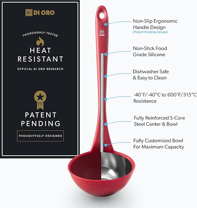 DI ORO Silicone Soup Spoon Heat-Resistant Large Kitchen Ladle Nonstick Cookware Safe - Wide Bowl Dishwasher Safe (Red)
