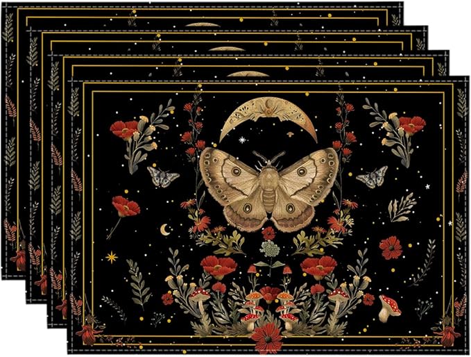 Artoid Mode Black Poppy Moth Moon Placemats Set of 4, 12x18 Inch Floral Spring Table Mats for Outdoor Home Party Kitchen Dining Decor
