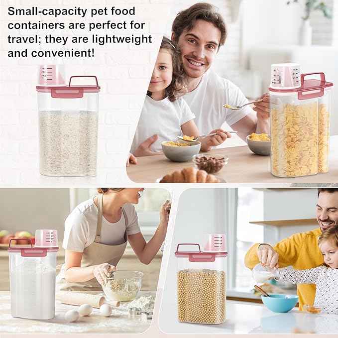 LEAWALK Airtight 3.5LBS Rice/Cereal/Dry Food Storage Container BPA Free, 2.11Qt Clear Plastic Kitchen and Pantry Organization Bin Suitable for Oats, Flour, Sugar, Pasta, Pet Food, etc (Clear Pink)