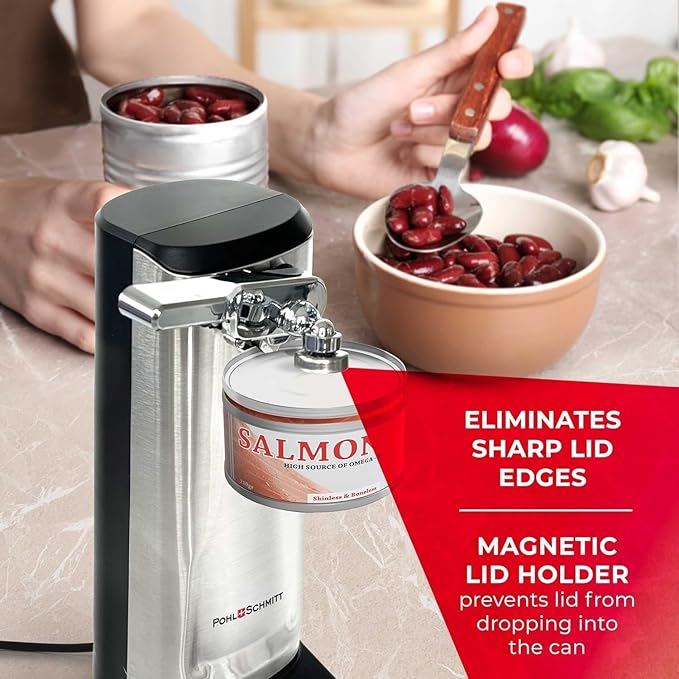 POHL SCHMITT Electric Can Opener, Knife Sharpener & Bottle Opener, Easy Push Down Lever, Works with Standard And Pop-Top Cans, Durable Stainless Steel & ABS - Kitchen Essentials and Accessories