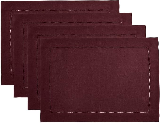 Solino Home Linen Cloth Placemats Set of 4 - 100% Pure Linen Hemstitch Burgundy Placemats 14 x 19 Inch - Classic Hemstitch Table Place Mats for Mothers Day
