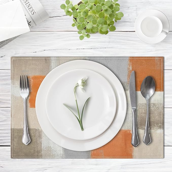 Emvency Farmhouse Placemats Set of 4, Vintage Orange and Grey Art Painting 12x18 Inch Abstract BeigeTable Mats for Outdoor Home Party Kitchen Dining Decoration