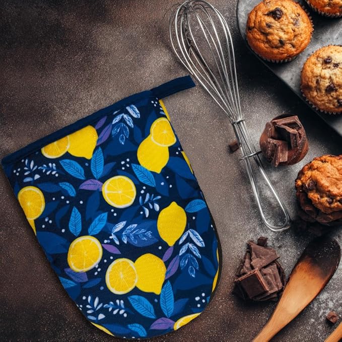 Lemon Oven Mitts, High Heat Resistant Kitchen Oven Gloves, Mini Silicone Oven Mitts, Non-Slip Grip Surfaces and Hanging Loop for Grilling, Baking, Cooking and Microwave, Gift
