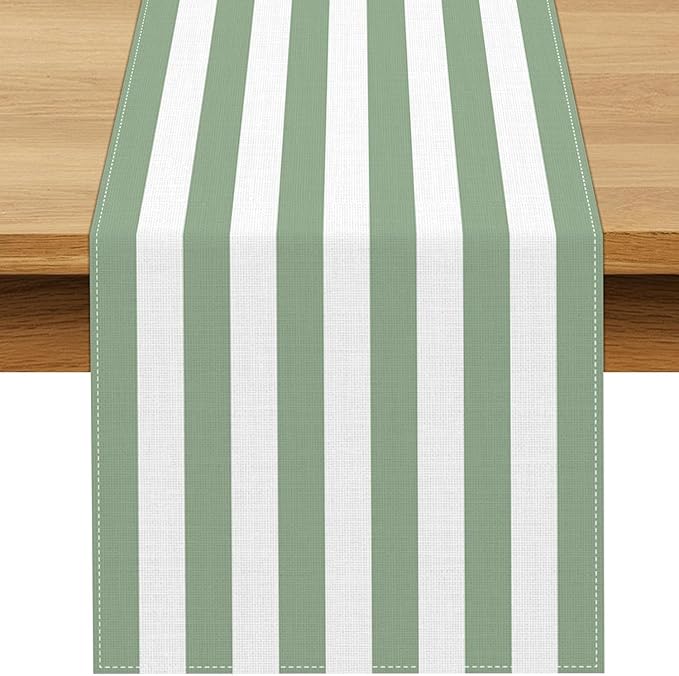 Sage Green and White Cabana Striped Table Runner Baby Shower Birthday Party Decoration Wedding Dining Room Home Kitchen Table Decor (Sage Green, 13" x 90")