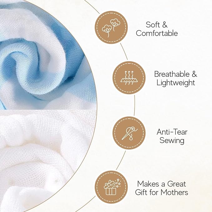 Muslin Hooded Baby Towel 4 Pack, 100% Organic Premium Cotton, (2) 6-Layer 32x32 Bath Towels & (2) Washcloths, Soft Newborn & Infant Gift Set (Blue Stripe & White)