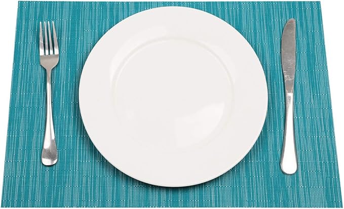 SHACOS Woven Vinyl Placemats Set of 4 Non Slip Heat Resistant Place Mats Durable PVC Stain Resistant Wipe Clean Indoor Outdoor Table Mats (4, Teal Blue)