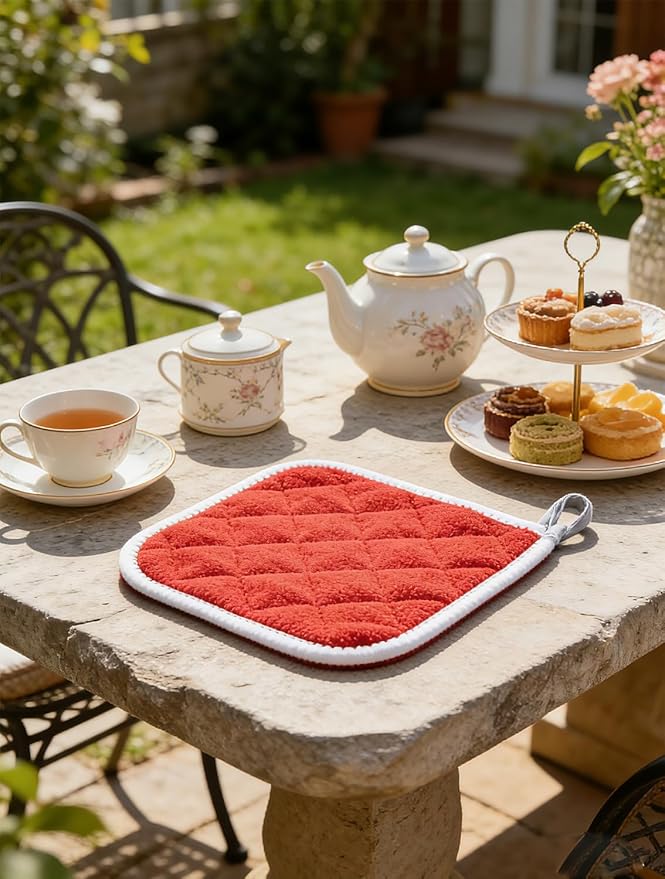 2pcs Cotton Heat Resistant Mat Pads for Baking Cooking Oven 6.7in Basic Square Pot Holder Multipurpose Quilted Liner Little Trivet Cloth Potholder for Kitchen Warming Buffets Party (Red & Silver)