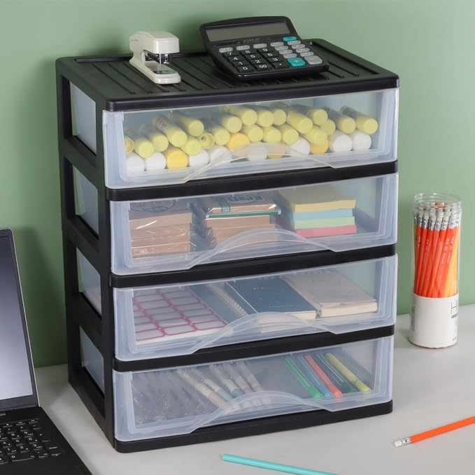 BYCY Medium 4 Drawer Clear Stacking Desktop Organizer for Office Supplies,Stackable Storage Drawers Plastic Storage Bins For Kitchen Cabinets, Pantry, Home Organization (Black, Medium 4Drawer)
