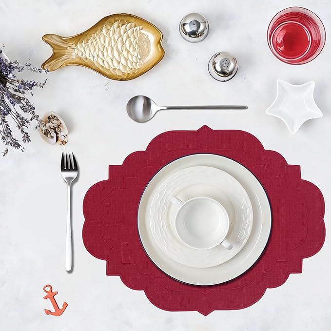 Cotton Linen Oval Placemats Set of 4, HADEEONG Table Mats Cloth Placemats, Washable Wrinkle Resistance, Scalloped & Embroidered Fabric Placemats, 17.71 x 13.77inch (Wine Red, 4)