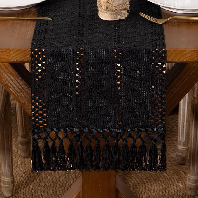 DeZerlor Boho Macrame Table Runner Spring Easter Farmhouse Woven Small Table Runner with Tassels 36 Inches Halloween Black Cotton Linen Kitchen Table Decor for Dining Dresser Home Tea Table Decor