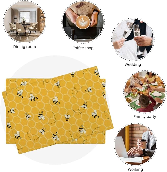 Mustard Yellow Placemats Set of 4 Cute Honey Bee Summer Decor Place Mats 12x18 Inch Honeycomb Seasonal Holiday Decorative Linen Table Mats for Home Kitchen Dining Party Table Decoration
