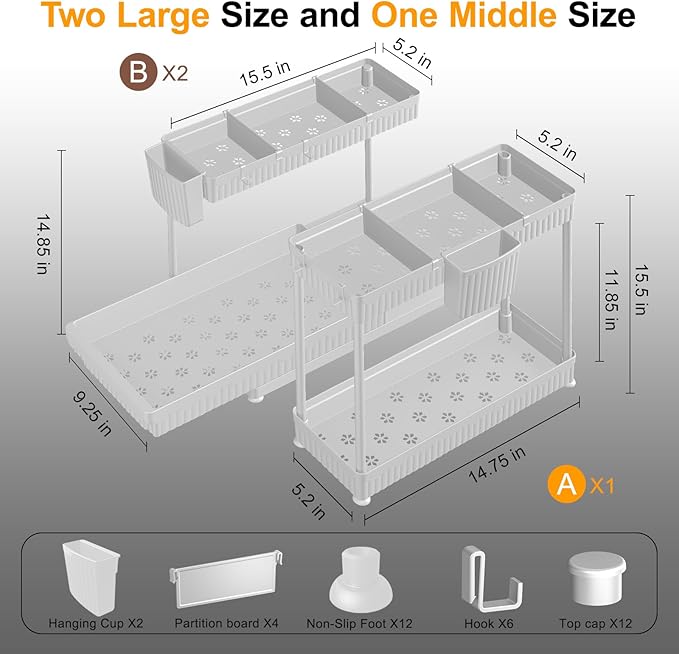 Sevenblue 3 Pack Multi-Purpose Under Sink Organizers and Storage, 2026 L-Shaped Pull Out Cabinet Organizer for Bathroom & Kitchen, Under Cabinet Organizer with Hooks Hanging Cup (White, 14.85 inch)