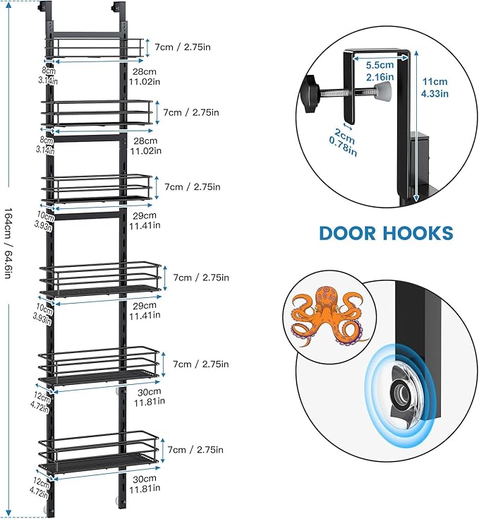 6-Tier Over the Door Pantry Organizer,Cabinet Door Organizer,Kitchen Pantry Door Organizers and Storage,Over the Door Spice Rack,Behind the Door Storage,Door Hanging Organizer,Black