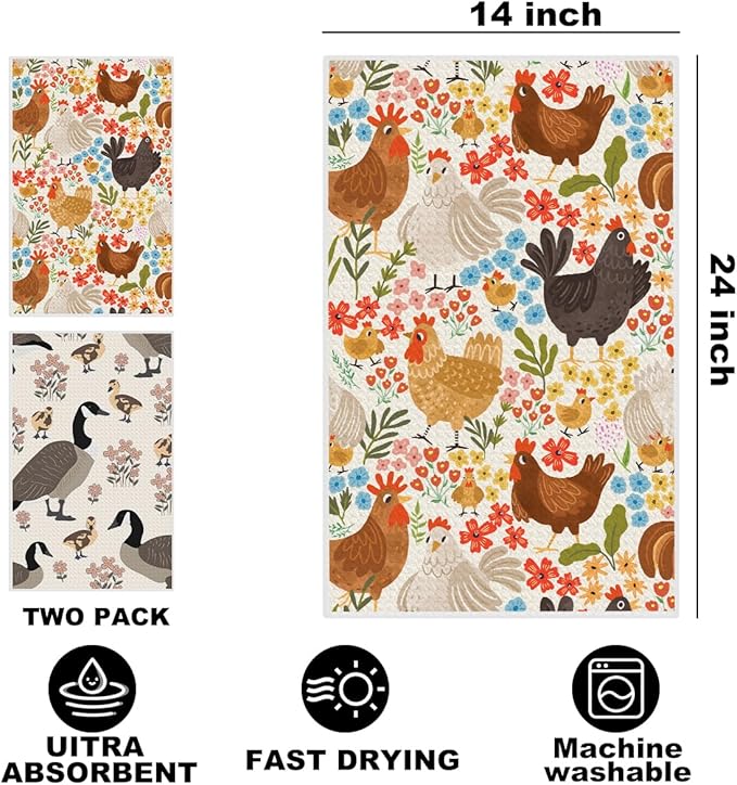 Jztco 2Pcs Farmhouse Chicken Kitchen Towels, Floral Tea Towel Decorative Reusable Dish Hand Towels Duck Lover Gifts for Cleaning Drying Women Mom Housewarming Gifts 14 x 24 Inch Kitchen Home Decor