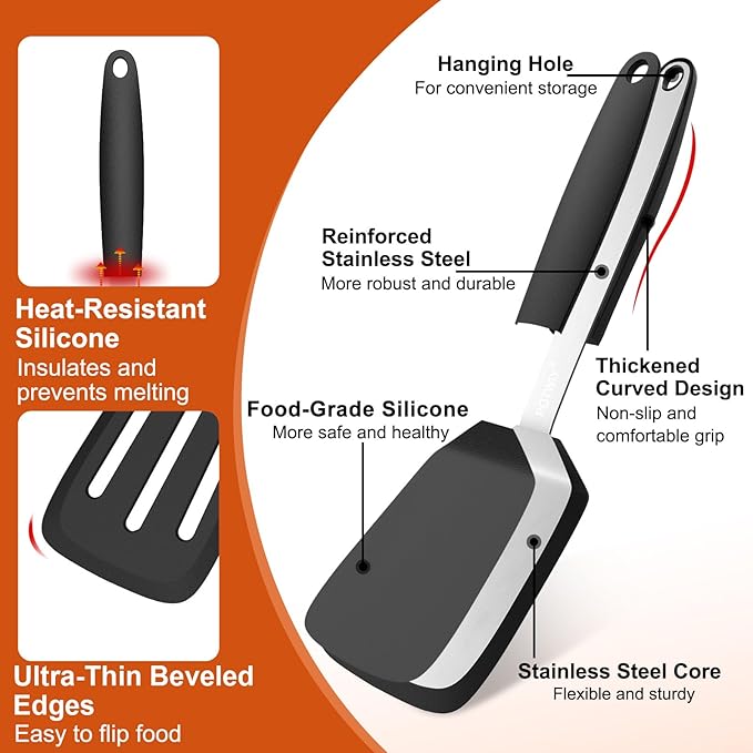 2 Pack Silicone Spatula Set, 600°F Heat Resistant Kitchen Spatula, BPA Free Solid & Slotted Turner, Flexible Cooking Utensils for Non Stick Frying Pan, Flipper for Eggs and Pancakes (Black)