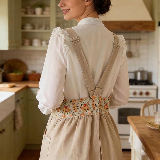 Uaussi Cotton Linen Apron Cross Back Work Apron for Women with Pockets Pinafore Dress X Cross Halter Apron for Chef Gardening
