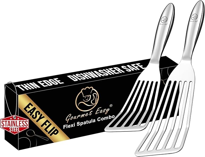 Stainless Steel Fish Spatula Set – 1 Large Fish Turner + 1 Small Metal Spatula, Ultra Thin Edge for Easy Turning & Flipping, Metal Kitchen Untensils with Ergonomic Non-Slip Handle, Dishwasher Safe