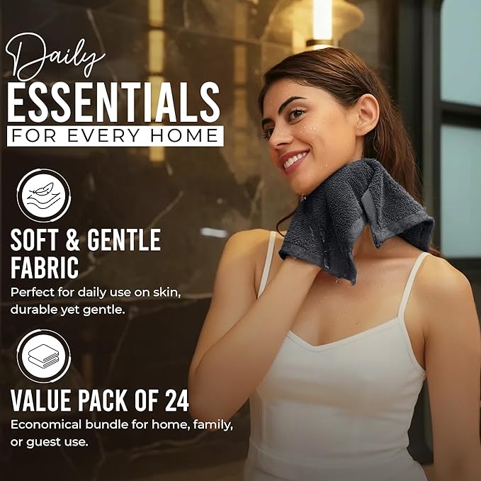 RIVERSIDE Pack of 24 Wash Cloths for Showering, 12 x 12 Inches, Super Soft & Absorbent, 100% Cotton Washcloths Premium Quality Flannel Face Cloths for Bathroom, Gym, Spa (Charcoal Gray, 24 Pack)