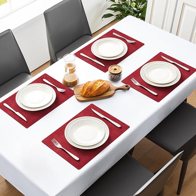 MOSAYT Vinyl Placemats Set of 6-12 X 17 Inch - Faux Leather 100% Waterproof Oil-Proof Wipeable PU Place Mats, Heat Resistant Reversible Table Mats for Kitchen, Dining, Outdoor (Red)