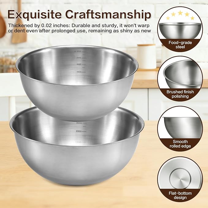 Gronivex 2-Piece Stainless Steel Mixing Bowls Set, Food Grade 304, Dishwasher Safe & Stackable for Baking, Tossing Salads, and Meal Prep for Your Kitchen (2 pack-4.2、5.3qt, no lid)