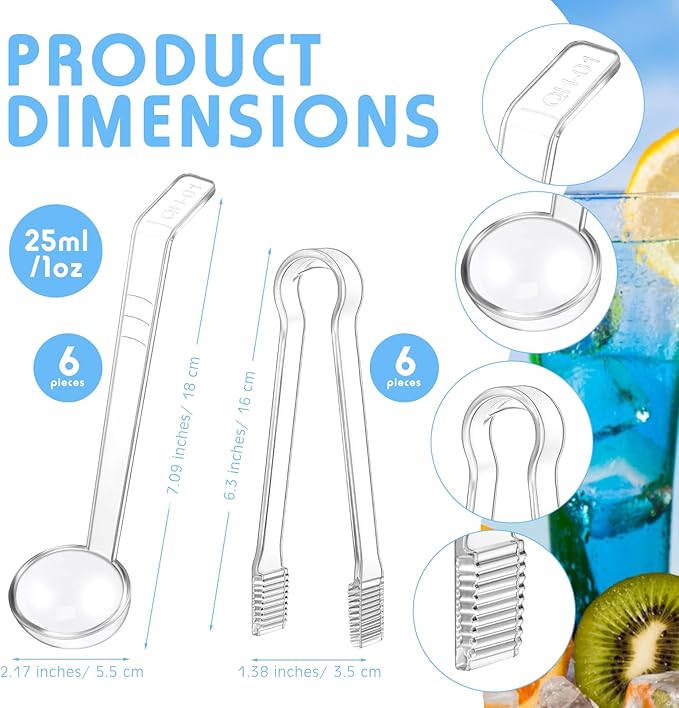 12 Pieces Plastic Serving Utensils Set Including 6 Pcs 1 oz Small Ladle and 6 Pcs Tong Acrylic Long Handle Ladle for Serving Sauce, Soup, Dressing, Punch Bowl, Gravy for Party Banquet Catering(Clear)