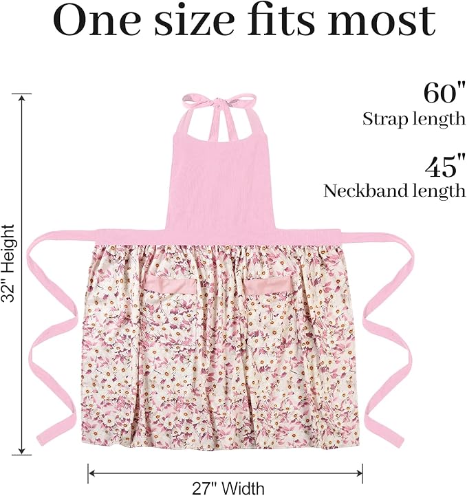 Cute Floral Aprons for Women with Pockets,Cotton Adjustable Neck Strap Apron for Kitchen Cooking Baking Gardening