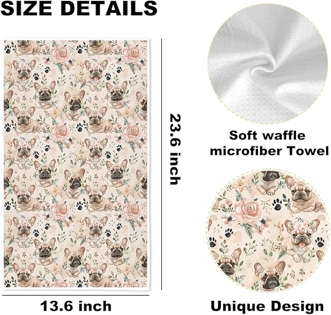 3 Pcs Vintage Dog Portrait Kitchen Towels, Cute Pug Decorative Absorbent Microfiber Dish Cloth Tea Towel, Waffle Soft Hand Towels for Kitchen Home Bathroom, Dog Lover Gifts for Women
