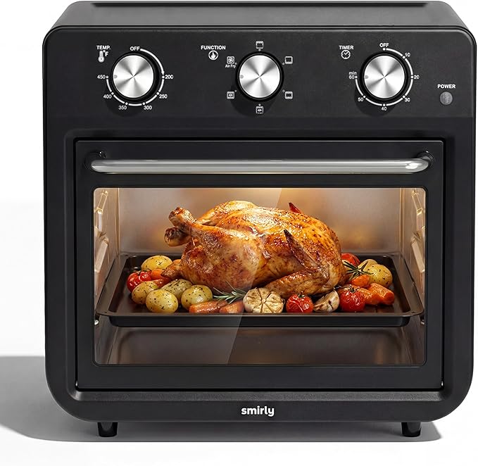 SMIRLY 6-in-1 Air Fryer Toaster Oven Combo, 27QT Convection Oven Countertop, 60 Min Timer, 1800W Oven for Toast, Roast, Bake, Reheat, Broil, Warm, Fits up to a 5 lb Turkey, 12" Pizza, 8 Toast, Black