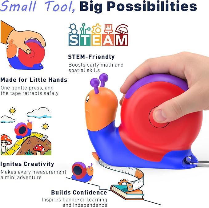 8ft Kids Tape Measure, STEM Educational Tool with Level, Protractor and Eraser, Retractable Snail Shaped Measuring Tapes, Child-Safe Stocking Stuffers Gift for Boys & Girls 3+, Double Blue