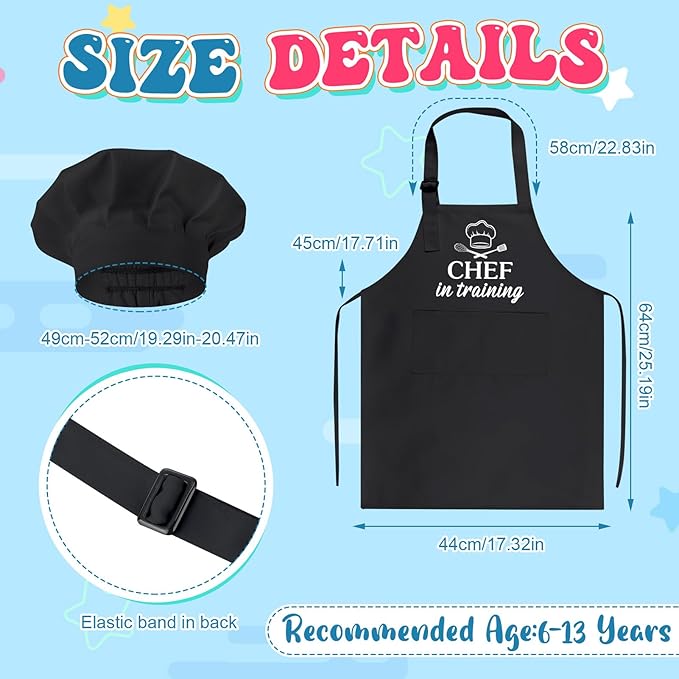 Kids Apron and Chef Hat Set, Funny Apron with 2 Pockets, Adjustable Kids Aprons for Cooking for Boys and Girls