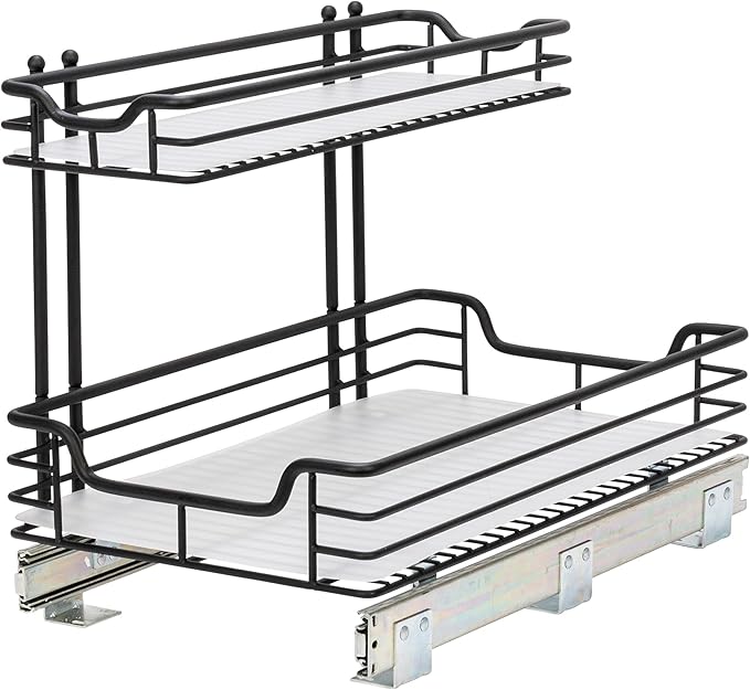 Household Essentials Glidez Powder-Coated Steel 2-Tier Pull-Out/Slide-Out Storage Organizer with Plastic Liners, 12.25" Wide, Black