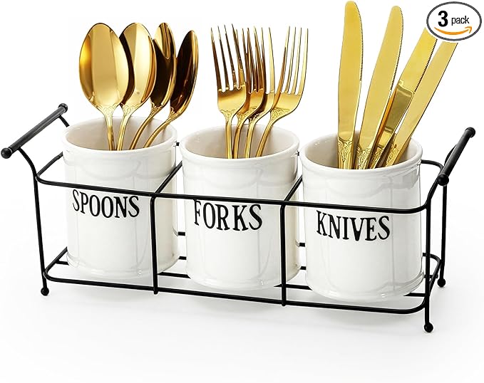 Bekith 3-Piece White Ceramic Silverware Caddy with Black Metal Rack, Utensil Holder Flatware Caddy Cutlery Storage Organizer for Kitchen Table, Cabinet or Pantry