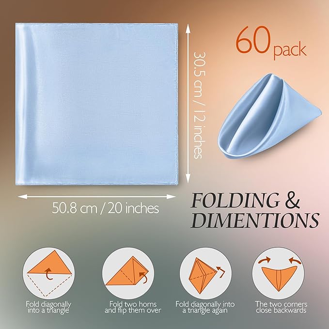 Manyshofu 60 Pieces Baby Blue Satin Napkins - 20x20 Inches Cloth Napkins, Square Satin Fabric Napkin Set - Soft & Reusable Table Napkin for Wedding Dinner Party Lunch
