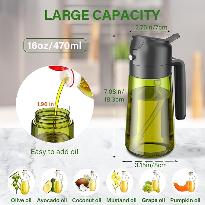 Vakoo Oil Sprayer for Cooking, 2 in 1 Oil Dispenser for Kitchen, 16oz/470ml Light-Blocking Dark Glass Olive Oil Spray Bottle, Air Fryer, Salad & BBQ (Black&Black)