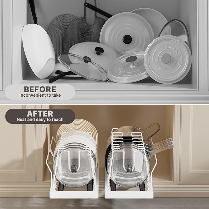 Magheo Pots and Pans Organizer Under Cabinet, 22" Deep Expandable Pull Out Pot Lid Organizer and Storage with 10 Adjustable Dividers No Drill Pot and Pan Holder Rack with Handle Bracket(1 Pack,White)