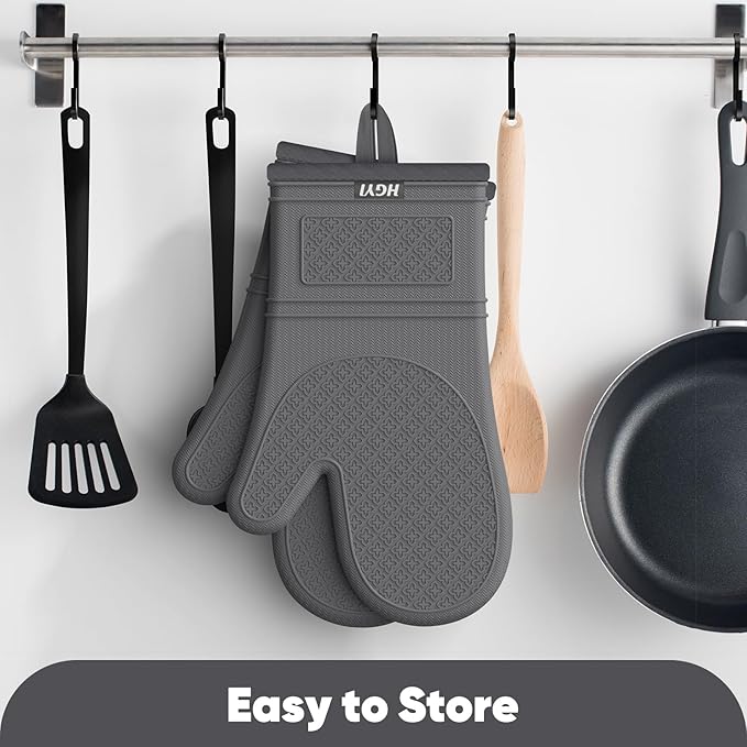 Silicone Oven Mitts, Heat Resistant Oven Gloves with Quilted Liner, Waterproof & Non-Slip Kitchen Mittens for Baking Cooking BBQ, 500°F, 12.5"-Deep Gary